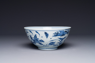 A Chinese blue and white 'mandarin ducks in a lotus pond' bowl, Chenghua mark, Wanli