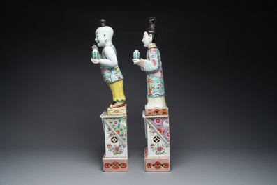 A pair of large Chinese famille rose figures on stands, Qianlong