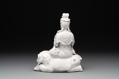 A Chinese Dehua blanc de Chine Guanyin seated on an elephant, 20th C.