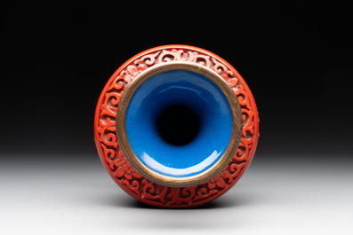Two Chinese mother-of-pearl plaques, a cinnabar lacquer vase, a plate and a lacquer case, 19/20th C.