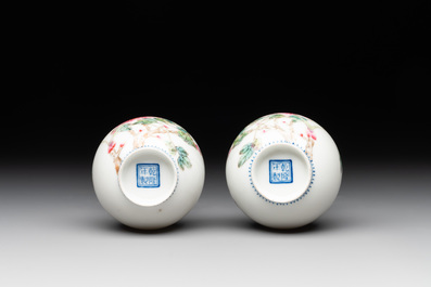 A Chinese famille rose eggshell vase with figural design and a pair of miniature vases, Qianlong mark, 20th C.