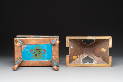 A Chinese cloisonn&eacute; covered censer depicting monks and a covered censer with elephant head handles, 20th C.