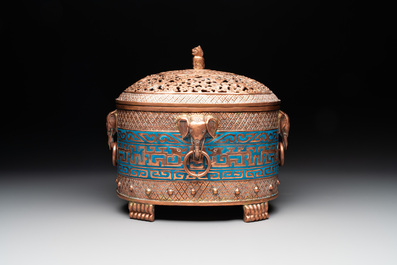 A Chinese cloisonn&eacute; covered censer depicting monks and a covered censer with elephant head handles, 20th C.