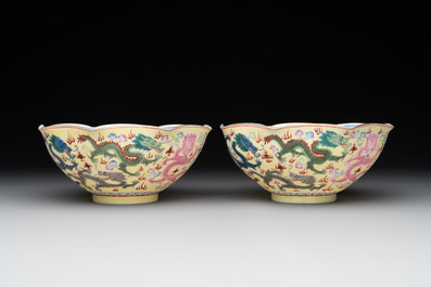 A pair of Chinese eggshell famille rose 'dragon' bowls, Qianlong mark, 20th C.