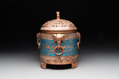 A Chinese cloisonn&eacute; covered censer depicting monks and a covered censer with elephant head handles, 20th C.
