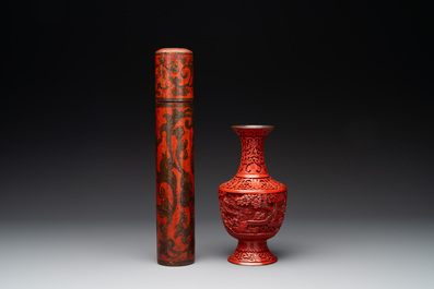 Two Chinese mother-of-pearl plaques, a cinnabar lacquer vase, a plate and a lacquer case, 19/20th C.