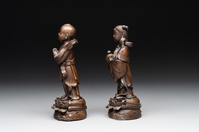 Two Chinese bronze 'He He Er Xian' figures and four immortal figures, 20th C.