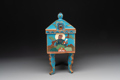A Chinese cloisonn&eacute; covered censer depicting monks and a covered censer with elephant head handles, 20th C.