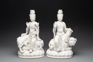 A pair of Chinese Dehua blanc de Chine Bodhisattvas seated on an elephant and a Buddhist lion, 20th C.