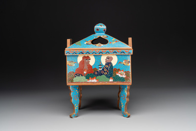 A Chinese cloisonn&eacute; covered censer depicting monks and a covered censer with elephant head handles, 20th C.