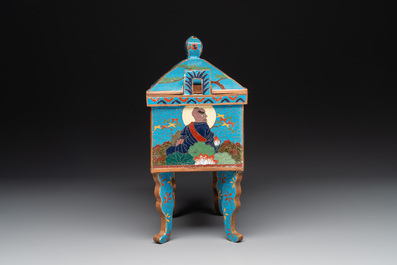A Chinese cloisonn&eacute; covered censer depicting monks and a covered censer with elephant head handles, 20th C.