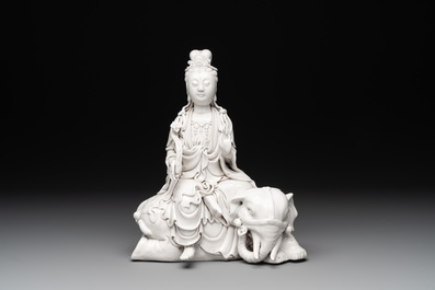 A Chinese Dehua blanc de Chine Guanyin seated on an elephant, 20th C.