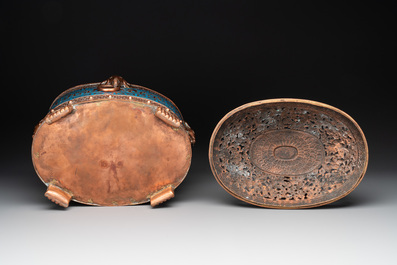 A Chinese cloisonn&eacute; covered censer depicting monks and a covered censer with elephant head handles, 20th C.