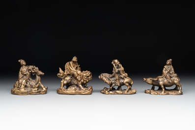 Two Chinese bronze 'He He Er Xian' figures and four immortal figures, 20th C.