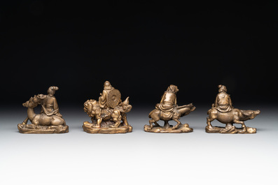 Two Chinese bronze 'He He Er Xian' figures and four immortal figures, 20th C.
