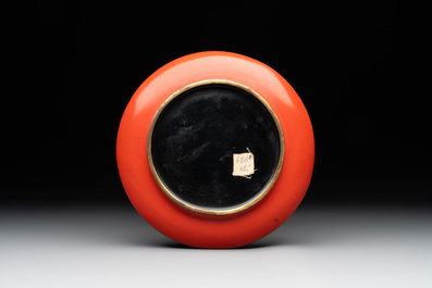 Two Chinese mother-of-pearl plaques, a cinnabar lacquer vase, a plate and a lacquer case, 19/20th C.