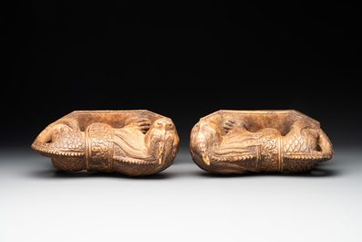 A pair of Chinese archaistic stone mythical beasts, 20th C.