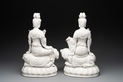 A pair of Chinese Dehua blanc de Chine Bodhisattvas seated on an elephant and a Buddhist lion, 20th C.