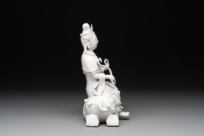 A Chinese Dehua blanc de Chine Guanyin seated on an elephant, 20th C.