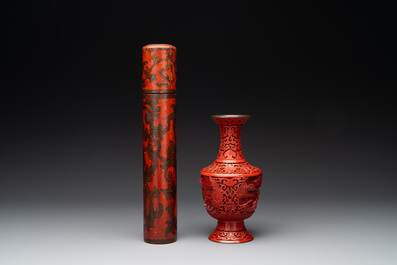 Two Chinese mother-of-pearl plaques, a cinnabar lacquer vase, a plate and a lacquer case, 19/20th C.