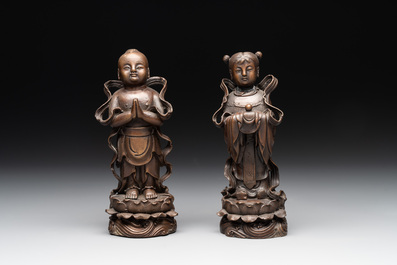 Two Chinese bronze 'He He Er Xian' figures and four immortal figures, 20th C.