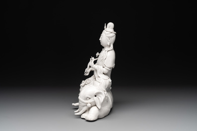 A Chinese Dehua blanc de Chine Guanyin seated on an elephant, 20th C.