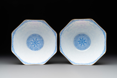A pair of Chinese eggshell famille rose 'dragon' bowls, Qianlong mark, 20th C.