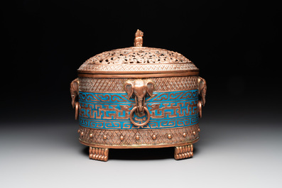 A Chinese cloisonn&eacute; covered censer depicting monks and a covered censer with elephant head handles, 20th C.