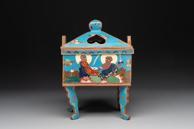 A Chinese cloisonn&eacute; covered censer depicting monks and a covered censer with elephant head handles, 20th C.