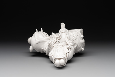 A Chinese Dehua blanc de Chine Guanyin seated on an elephant, 20th C.