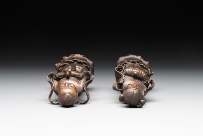 Two Chinese bronze 'He He Er Xian' figures and four immortal figures, 20th C.
