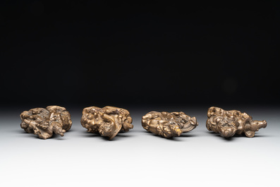 Two Chinese bronze 'He He Er Xian' figures and four immortal figures, 20th C.