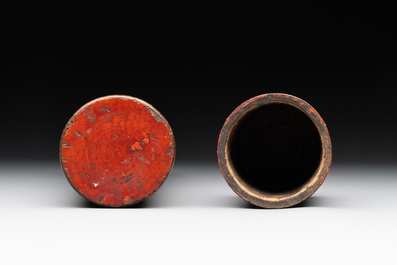 Two Chinese mother-of-pearl plaques, a cinnabar lacquer vase, a plate and a lacquer case, 19/20th C.