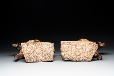 A pair of Chinese archaistic carved stone horses, 20th C.