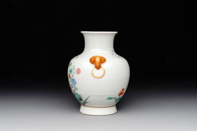 A Chinese famille rose 'rooster and flowers' 'hu' vase, Hua Ren Tang 懷仁堂 mark, Republic