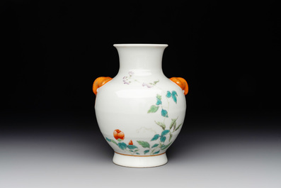 A Chinese famille rose 'rooster and flowers' 'hu' vase, Hua Ren Tang 懷仁堂 mark, Republic
