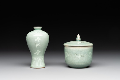 Three Korean celadon-glazed vases and a covered pot, 20th C.