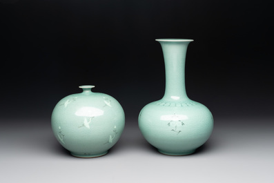 Three Korean celadon-glazed vases and a covered pot, 20th C.