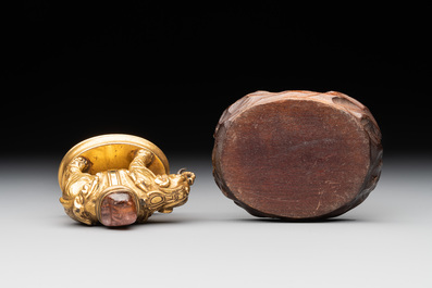 A Chinese pink quartz-inset gilt bronze elephant, 18th C.