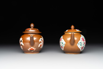 Four Chinese capucin-brown-ground teapots, Yongzheng/Qianlong
