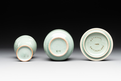 Three Korean celadon-glazed vases and a covered pot, 20th C.