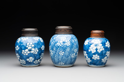 A Chinese wucai vase and seven blue and white jarlets, 19th C.