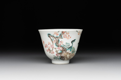 A fine Chinese falangcai 'peacock and plum blossom' cup, Yongzheng mark and of the period