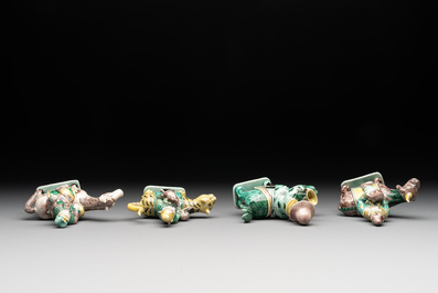 Eight Chinese verte biscuit figures riding mythical animals, 19/20th C.