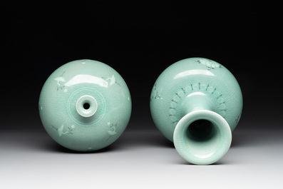 Three Korean celadon-glazed vases and a covered pot, 20th C.