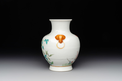 A Chinese famille rose 'rooster and flowers' 'hu' vase, Hua Ren Tang 懷仁堂 mark, Republic