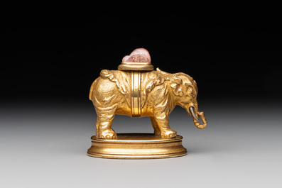 A Chinese pink quartz-inset gilt bronze elephant, 18th C.