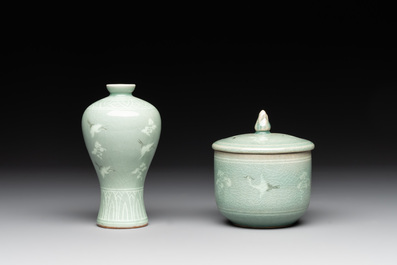 Three Korean celadon-glazed vases and a covered pot, 20th C.
