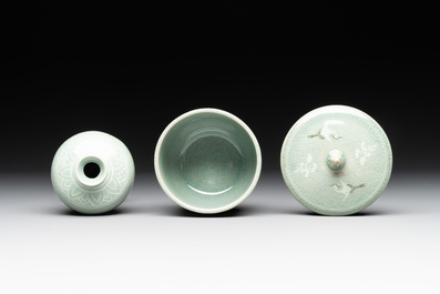 Three Korean celadon-glazed vases and a covered pot, 20th C.