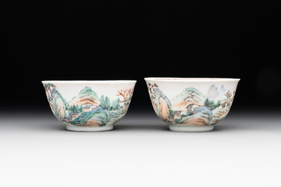 Two Chinese famille rose cups and three saucers with a fine landscape design, Yongzheng/Qianlong